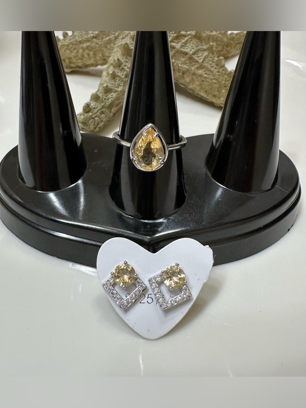 Citrine Teardrop Ring and Stud Earrings Set - silver tone